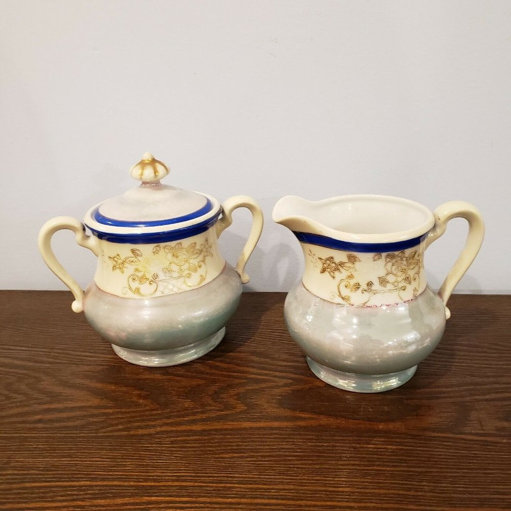 Noritake Blue Lusterware Red M Mark Handpainted Made In Japan Cream Sugar